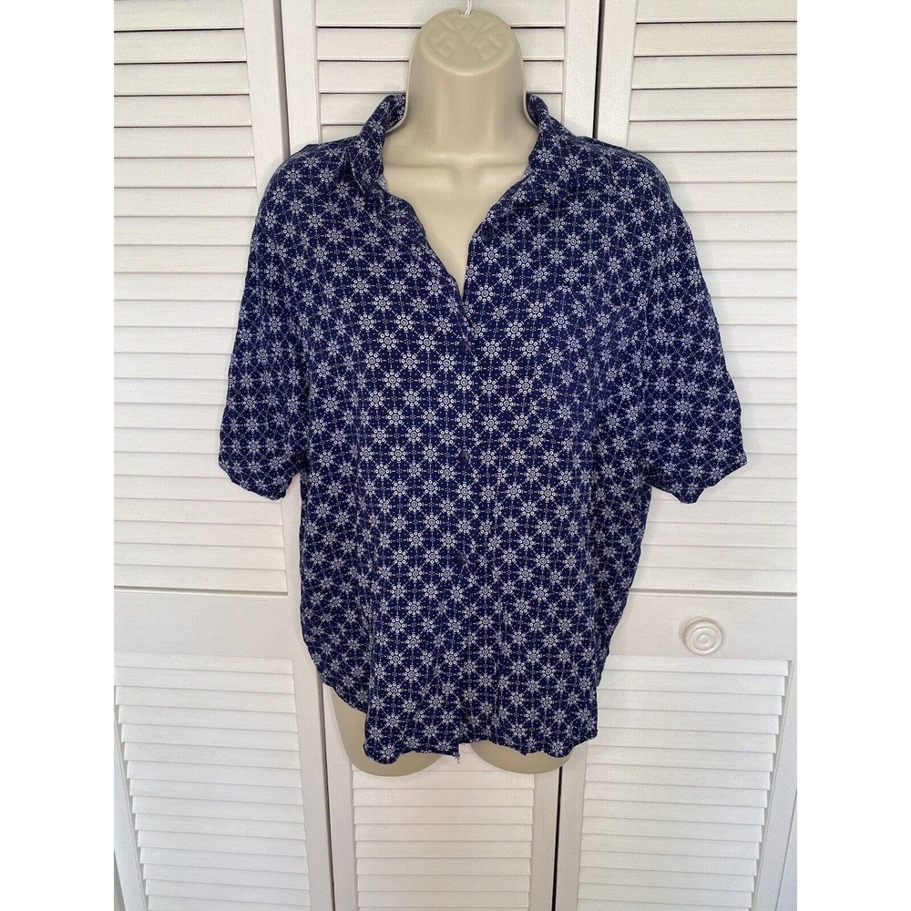 American Vtg Maggie Lawrence Blue Patterned Short Sleeve Button Up Shoulder Pads